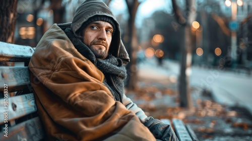 Homeless man on a Park Bench in Urban Setting