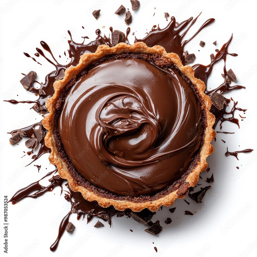 Chocolate tart with a circular sauce splash swirl, isolated on a white background, adding an artistic touch. Chocolate tart with a circular sauce splash swirl, isolated on a white background, adding an artistic touch.