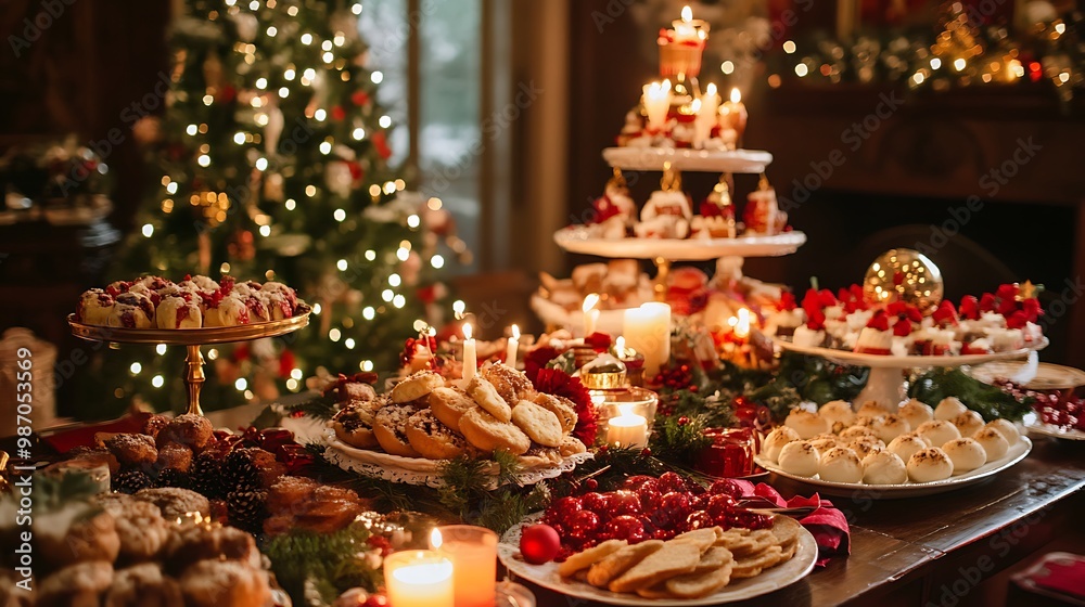 Fototapeta premium Elegant Christmas Buffet Table with Candles