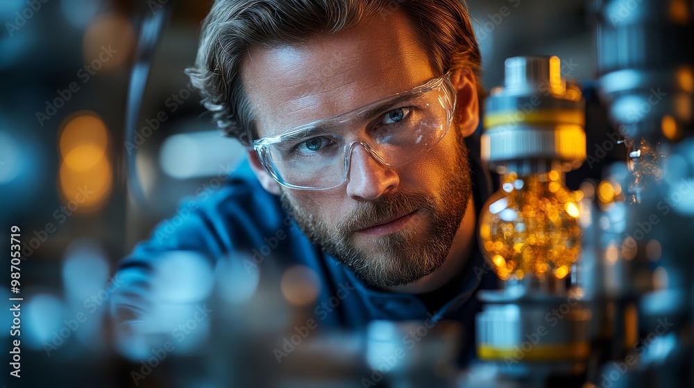 Focused male engineer wearing safety glasses, working with advanced machinery in a high-tech industrial setting with precise attention to detail. Focused male engineer wearing safety glasses, working with advanced machinery in a high-tech industrial setting with precise attention to detail.