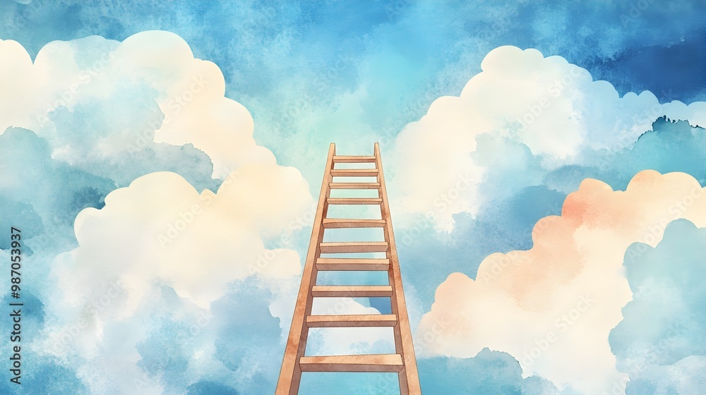 Watercolor Painting of Ladder Ascending Through Clouds Representing Success and Ambition Watercolor Painting of Ladder Ascending Through Clouds Representing Success and Ambition