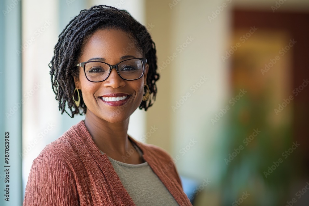 Confident professional woman smiling in office setting Confident professional woman smiling in office setting