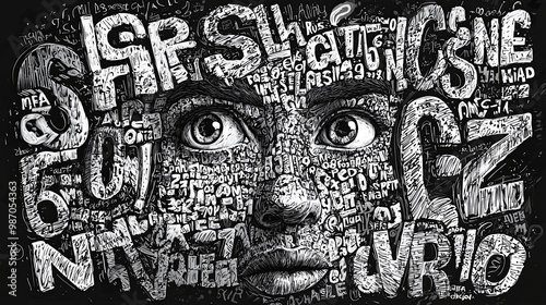 Abstract face with overlapping words on a textured background