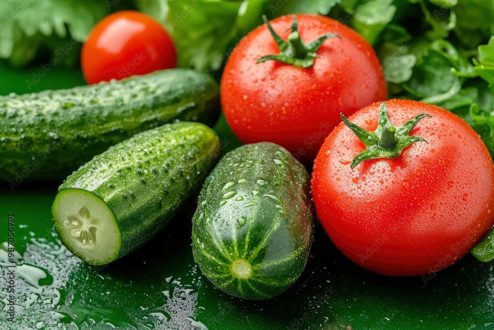 the freshest cucumbers and tomatoes for salad on a green background , ai the freshest cucumbers and tomatoes for salad on a green background , ai