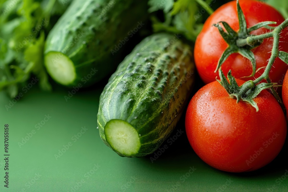the freshest cucumbers and tomatoes for salad on a green background , ai the freshest cucumbers and tomatoes for salad on a green background , ai