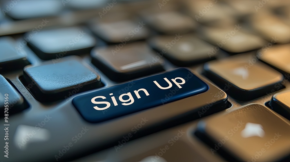 Close-up of a keyboard with sign up button highlighted Close-up of a keyboard with sign up button highlighted