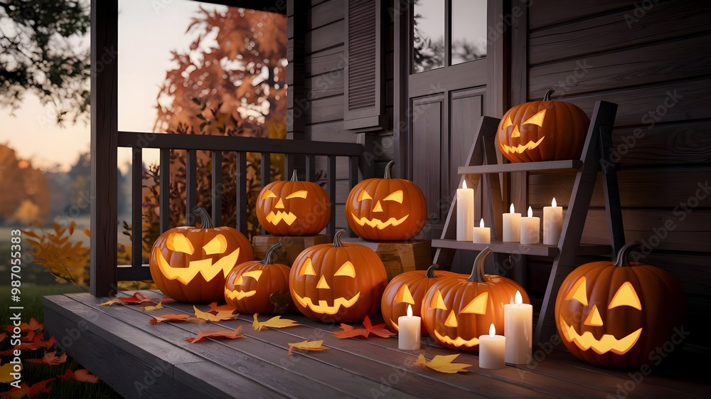 Fototapeta premium Background with halloween pumpkins, candles and autumn leaves on the wooden house porch. The pumpkins are orange in color and have a jack-o-lantern face carved into them