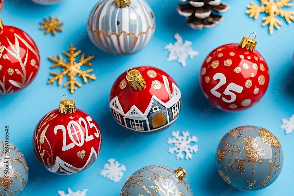 A bunch of red and blue christmas ornaments on a blue background A bunch of red and blue christmas ornaments on a blue background