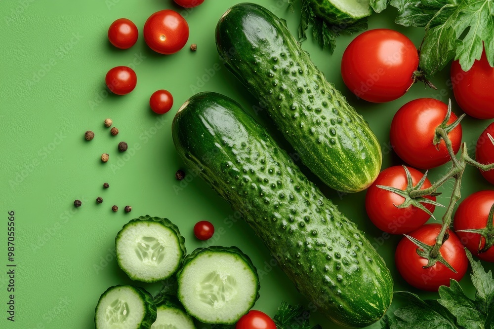 the freshest cucumbers and tomatoes for salad on a green background , ai