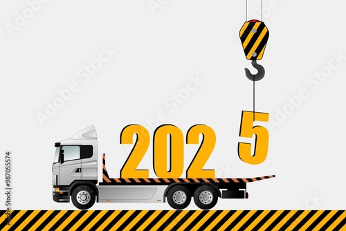 New Year's card, 2025. A crane is loading a truck with Christmas figurines..