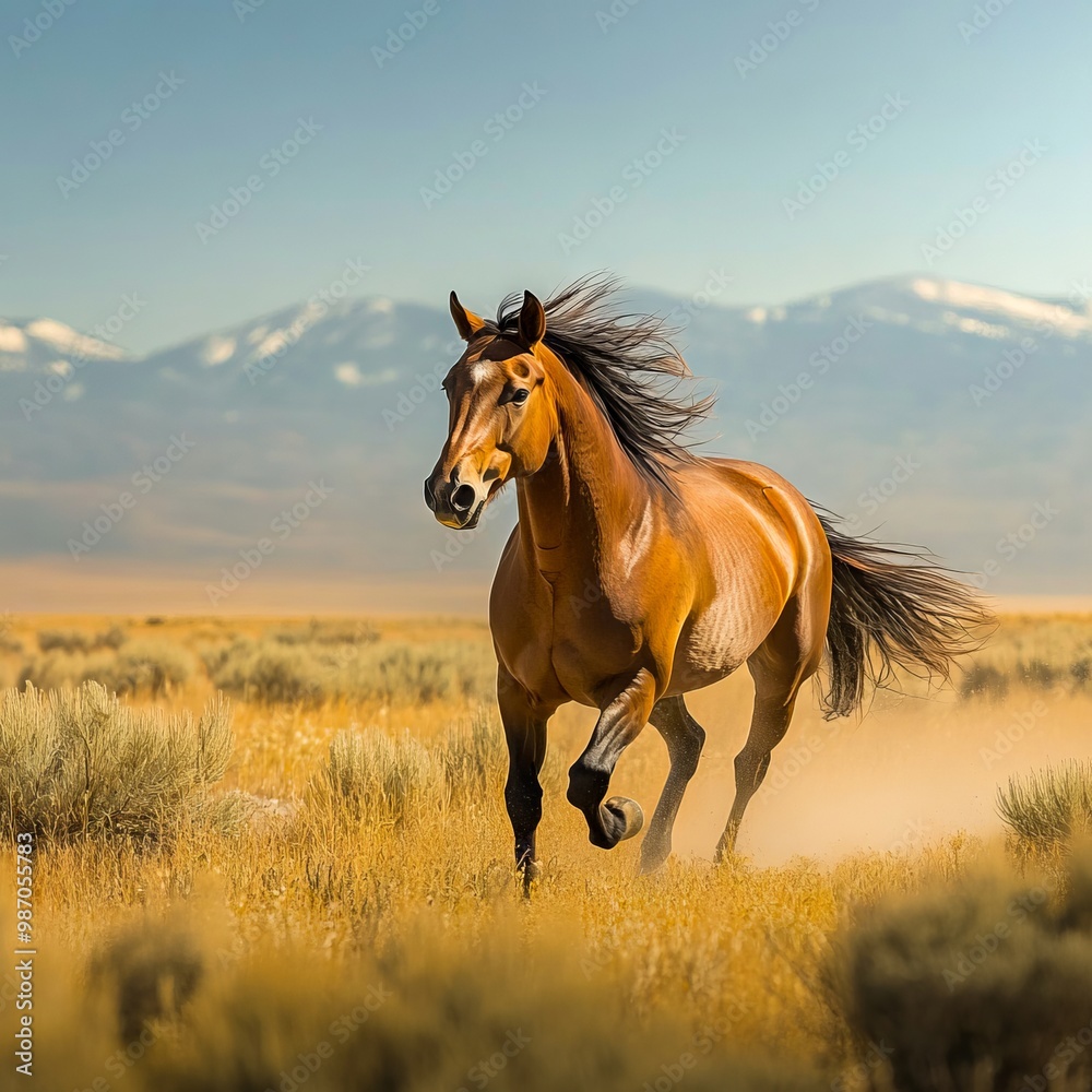 A horse running in a field with mountains in the background A horse running in a field with mountains in the background