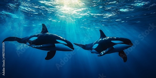 Two killer whales swimming in the ocean