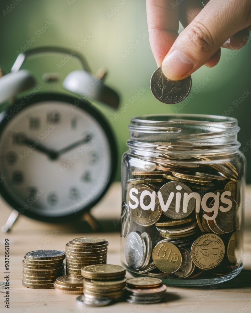 Fototapeta premium A hand dropping a coin into a glass jar labeled 