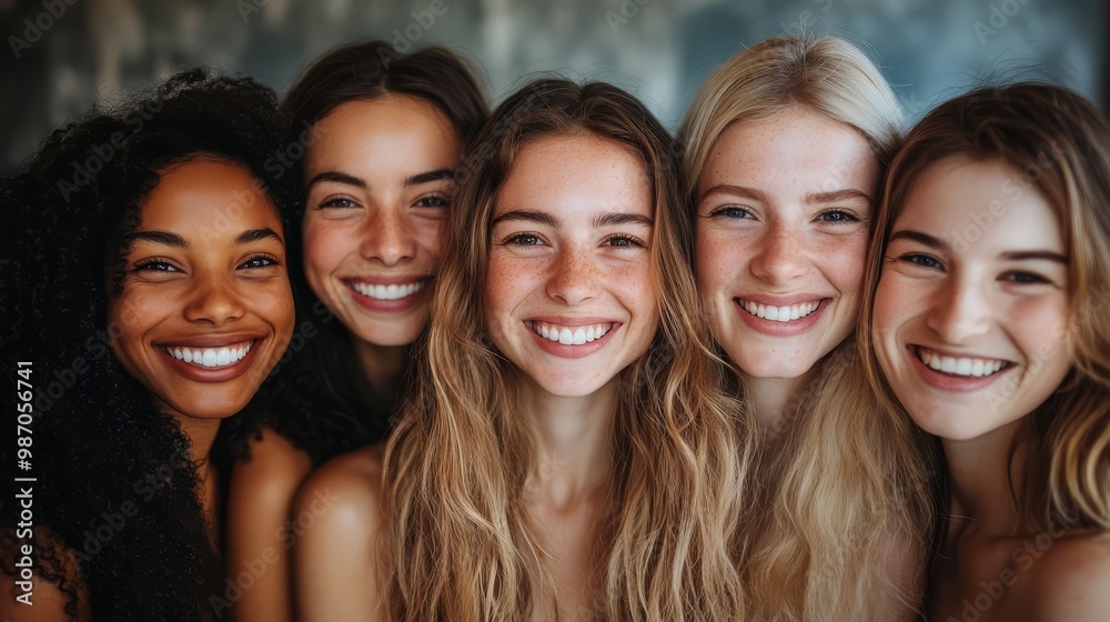 Group of five diverse women smiling joyfully, representing friendship, happiness, and unity. Group of five diverse women smiling joyfully, representing friendship, happiness, and unity.