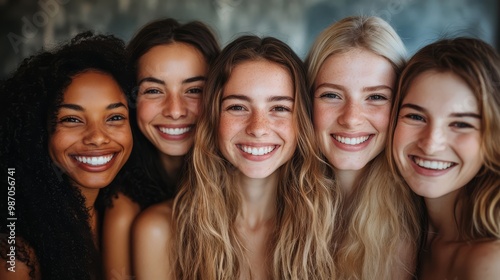 Group of five diverse women smiling joyfully, representing friendship, happiness, and unity.