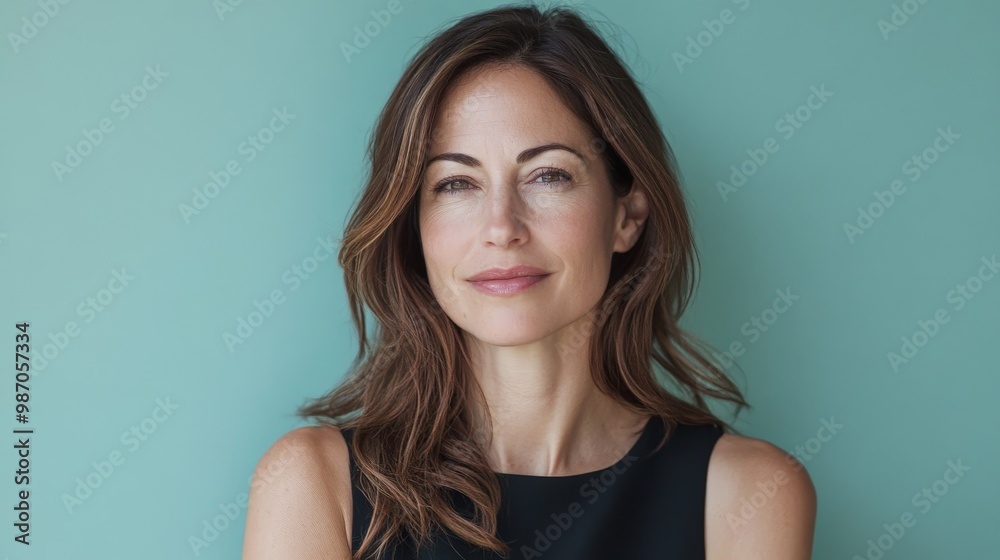 Confident woman smiling against turquoise background Confident woman smiling against turquoise background