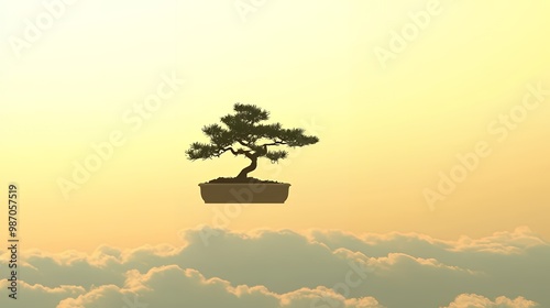 Bonsai Tree Silhouette in a Cloudy Sunset Sky