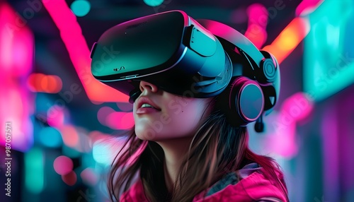 Immersive digital adventure: a young woman experiencing virtual reality and exploring new realms