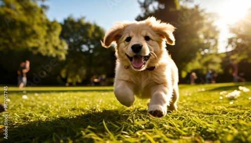 A joyful golden retriever puppy runs toward the camera in a sunlit park, radiating energy and happiness. The vibrant green grass and the sunny environment enhance the playful mood of this heartwarming