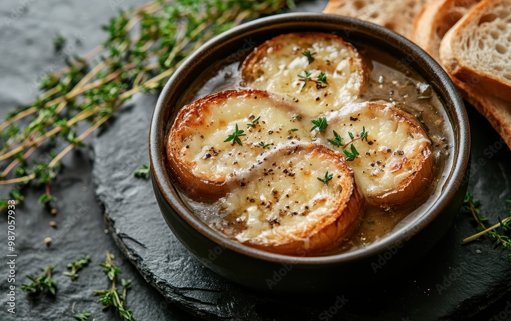 French Onion Soup with Toasted Bread and Melted Cheese French Onion Soup with Toasted Bread and Melted Cheese
