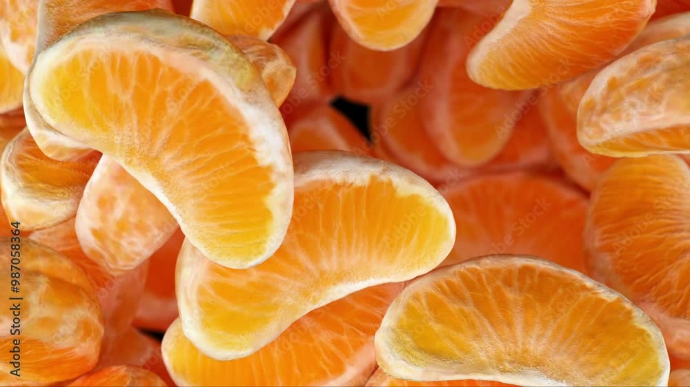 Close-up of juicy, vibrant orange tangerine segments stacked together, showcasing their fresh texture and bright color.
Close-up of juicy, vibrant orange tangerine segments stacked together, showcasing their fresh texture and bright color.