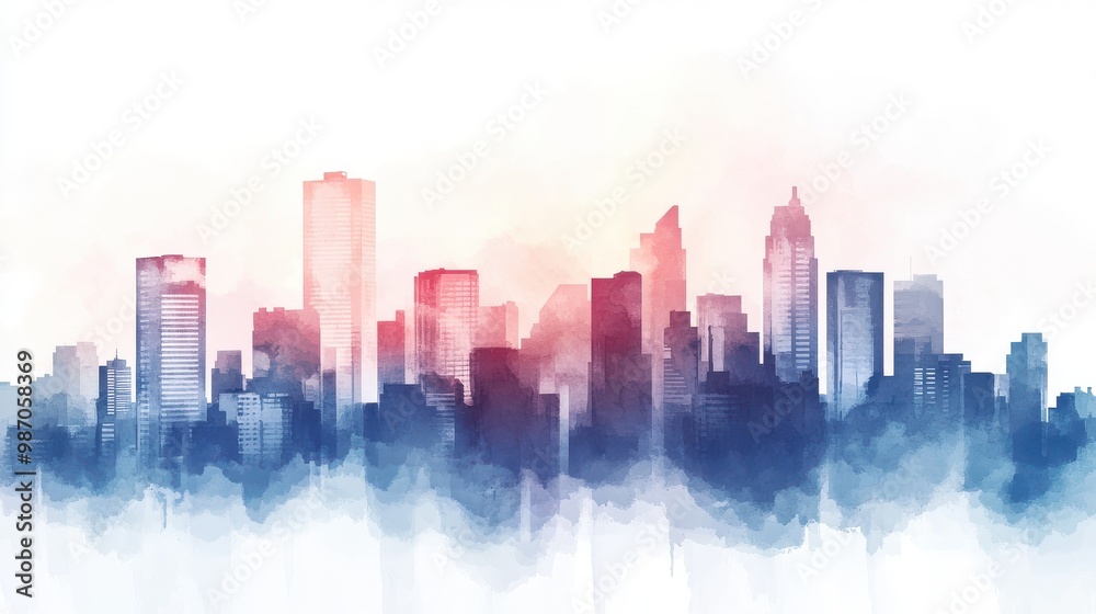 Fototapeta premium A beautiful watercolor illustration of a city skyline, showcasing vibrant colors and soft outlines, perfect for modern decor.