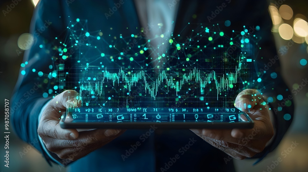 Obraz premium Businessman Holding Tablet with Digital Data