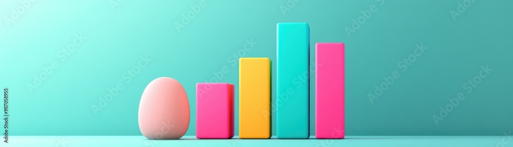 Fototapeta premium A colorful bar graph next to a pink egg against a teal background, representing growth and creativity in modern design.