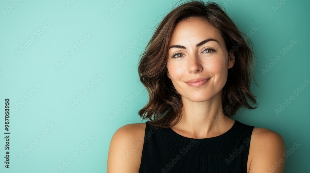 Confident woman with wavy hair in black top against aqua background Confident woman with wavy hair in black top against aqua background