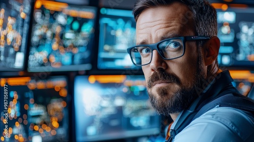 A focused man in a vest and glasses observes multiple screens displaying data and visuals, conveying a sense of vigilance and analytical expertise.