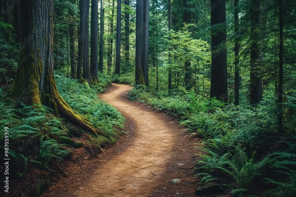 Obraz premium A winding dirt path leads through a lush green forest.