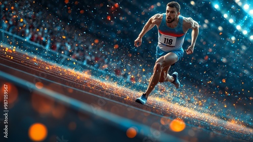 Male athlete running on a track during a competition, with dynamic lighting and a cheering audience in the background. photo