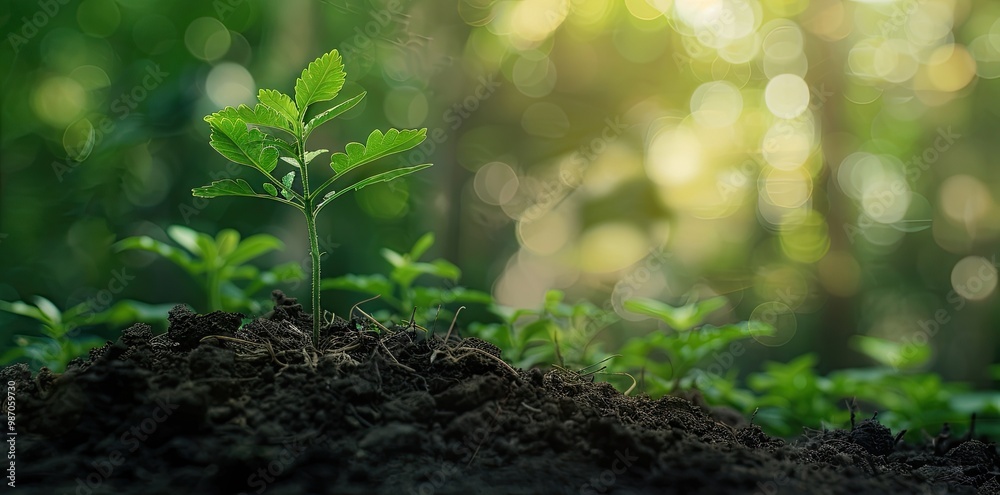 A mosquitoes tree seedling with roots in the soil on a blurred green nature background, banner for world environment day concept. A mosquitoes tree seedling with roots in the soil on a blurred green nature background, banner for world environment day concept.