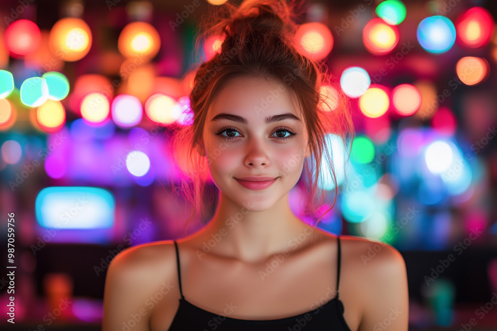 Smiling young woman stands in front of colorful bokeh lights, bar Smiling young woman stands in front of colorful bokeh lights, bar