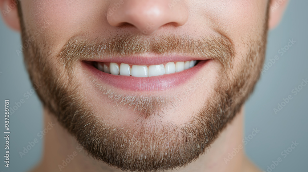 Fototapeta premium Close-up of a smiling man with well-groomed facial hair and bright white teeth, highlighting oral health and beard care