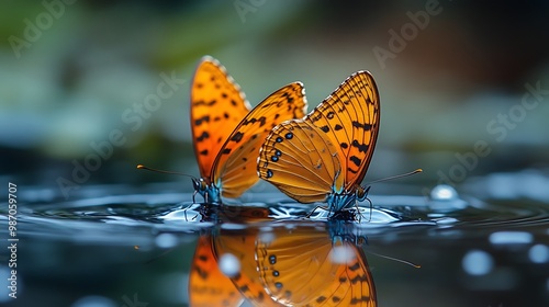 Two orange and black butterflies with blue highlights are perched on a still body of water with their reflections visible.