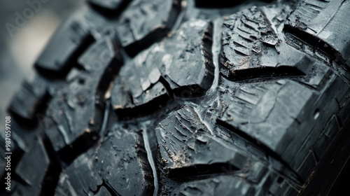 A close-up of a tire unique texture, showcasing intricate patterns and material details, with a clean background for design. photo