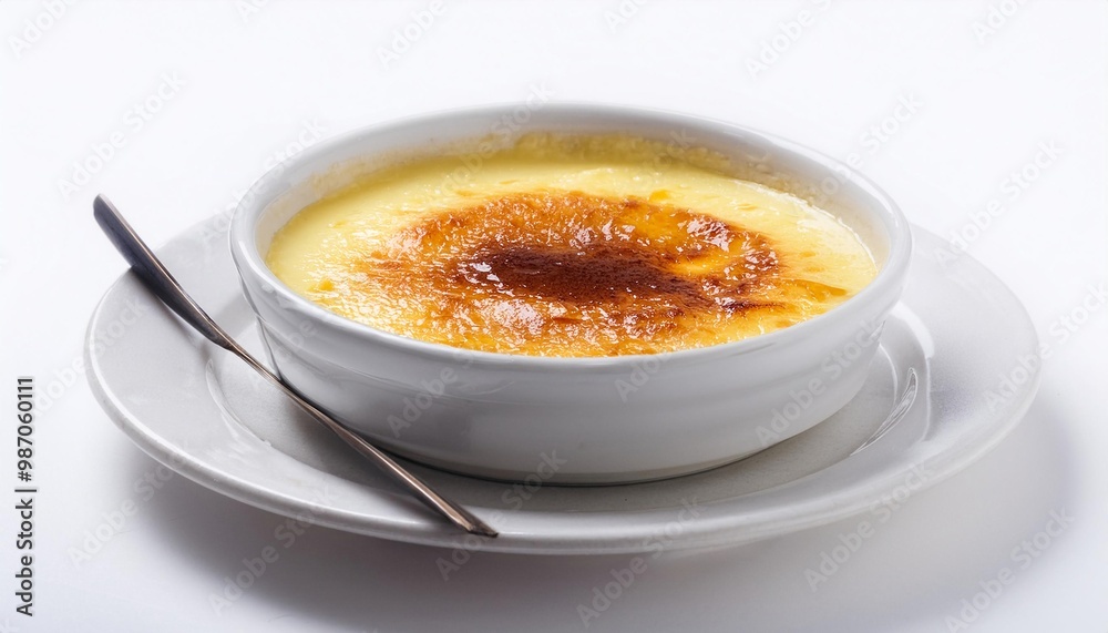 Spanish Food, Crema Catalana on white background isolated. Spanish Food, Crema Catalana on white background isolated.