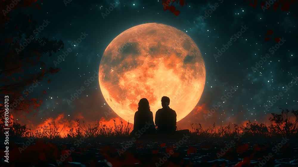 A silhouetted couple sits together under a large, bright, orange moon against a background of stars.