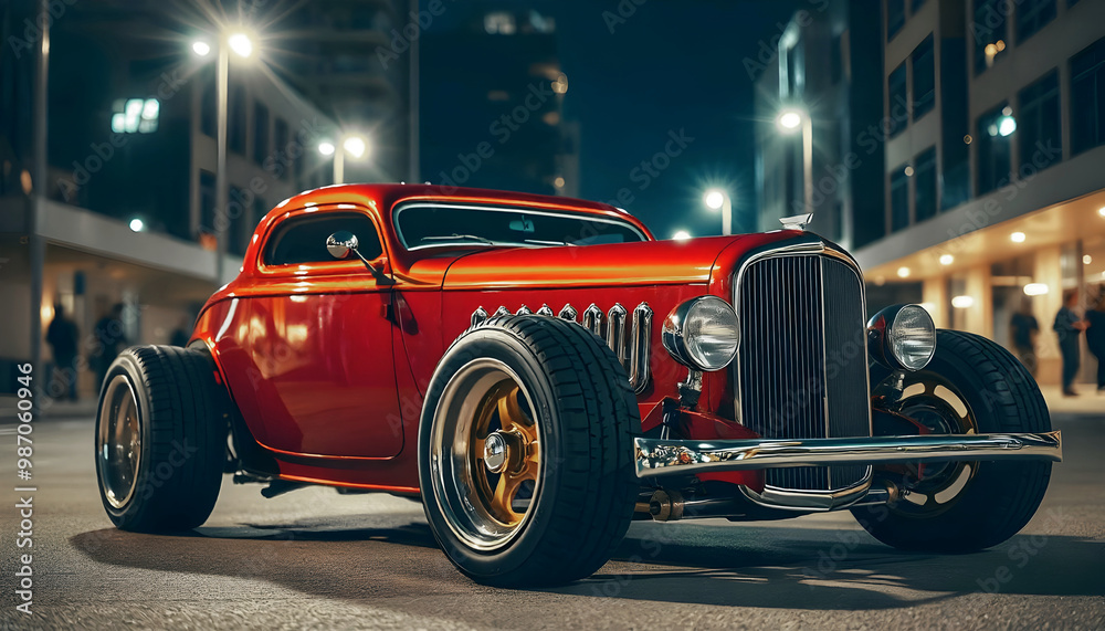 Beautiful unique red brown orange vintage hot rod car parked in the street at night, automotive background, tuning template, auto transport