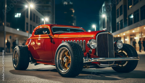 Obraz na płótnie Beautiful unique red brown orange vintage hot rod car parked in the street at night, automotive background, tuning template, auto transport w salonie