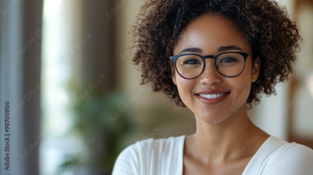 Confident young woman with glasses smiling indoors in natural light Confident young woman with glasses smiling indoors in natural light