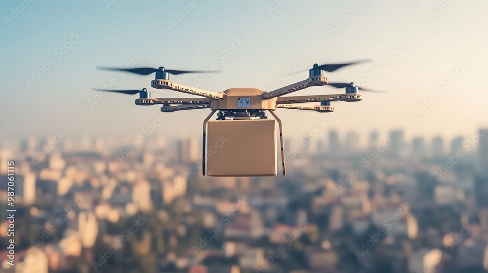 A drone flying over a city with a package attached. A drone flying over a city with a package attached.