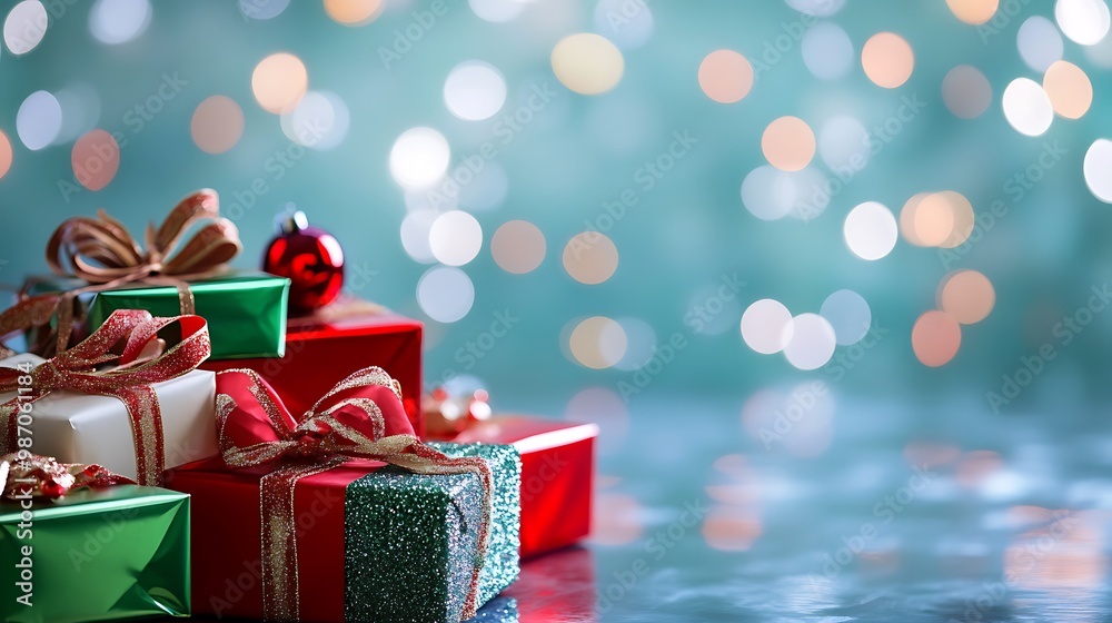 Wrapped Christmas Presents with Copy Space on a Shiny Surface Wrapped Christmas Presents with Copy Space on a Shiny Surface