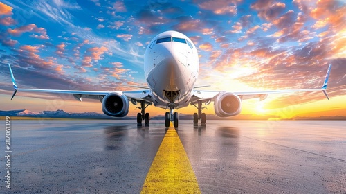 Airplane taxiing on runway at airport, following yellow line for safe navigation