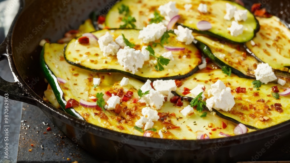 Slices of zucchini with golden brown edges, laid out on a cast-iron pan in a rustic style, decorated with crumbs of feta cheese and pieces of red onion, sprinkled with fresh herbs. Slices of zucchini with golden brown edges, laid out on a cast-iron pan in a rustic style, decorated with crumbs of feta cheese and pieces of red onion, sprinkled with fresh herbs.