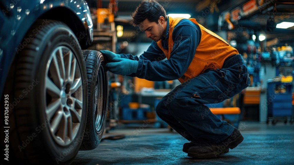 A mechanic changing a car tire in a professional garage setting, with tools and equipment, ideal for service-related content. A mechanic changing a car tire in a professional garage setting, with tools and equipment, ideal for service-related content.