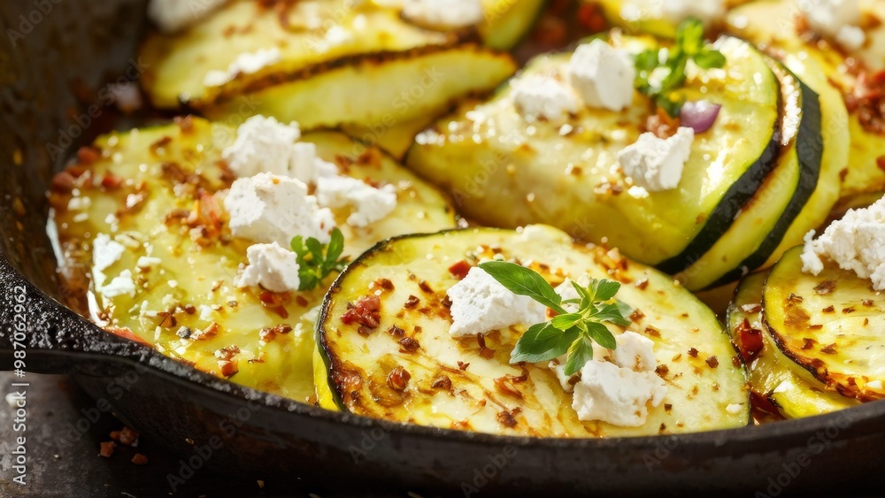 Slices of zucchini with golden brown edges, laid out on a cast-iron pan in a rustic style, decorated with crumbs of feta cheese and pieces of red onion, sprinkled with fresh herbs. Slices of zucchini with golden brown edges, laid out on a cast-iron pan in a rustic style, decorated with crumbs of feta cheese and pieces of red onion, sprinkled with fresh herbs.