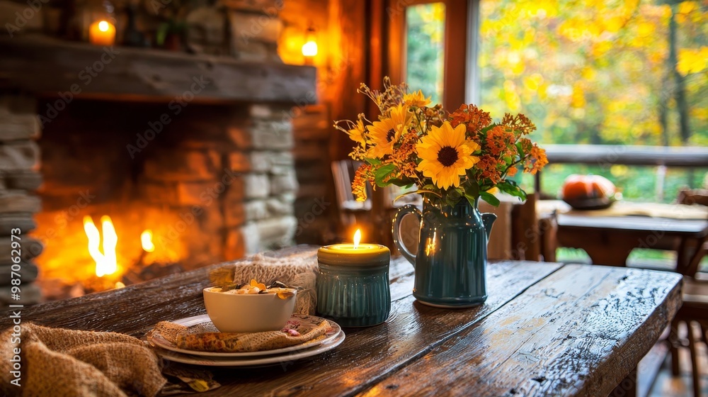 A cozy autumn scene featuring a wooden table adorned with a candle, sunflowers, and a warm drink, with a rustic fireplace glowing in the background. A cozy autumn scene featuring a wooden table adorned with a candle, sunflowers, and a warm drink, with a rustic fireplace glowing in the background.