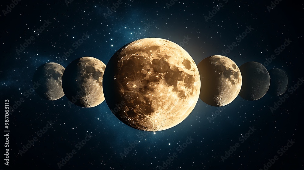 A sequence of moon phases against a starry sky background, with the full moon at the center. A sequence of moon phases against a starry sky background, with the full moon at the center.